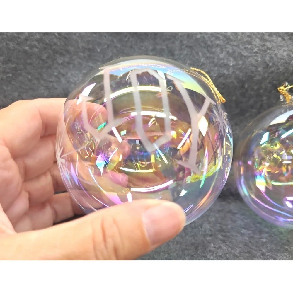 2 Clear Hand Blown Glass Christmas Ornaments Iridescent Etched Joy Peace